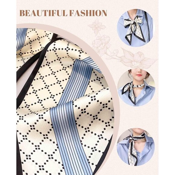 Women's Blue White Check Fashion Oblique Angle Silk Neck Scarf Printed Scarves - Picture 3 of 6